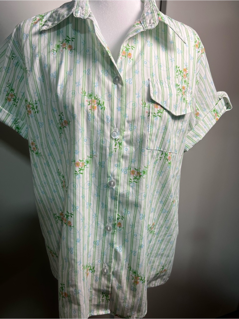 Women’s Light Green Floral Stripe Button-Down Shirt